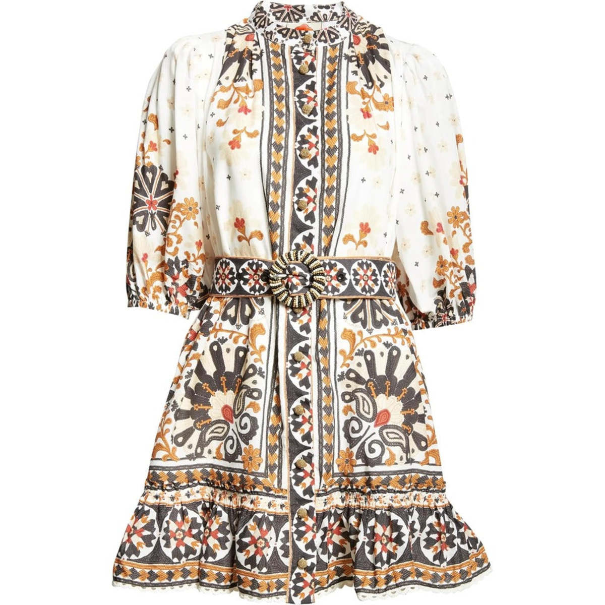 flower fan tapestry off white mini dress Farm Rio Women's Flower Fan Tapestry Print Puff Sleeve Belted Mini Shirt  Dress