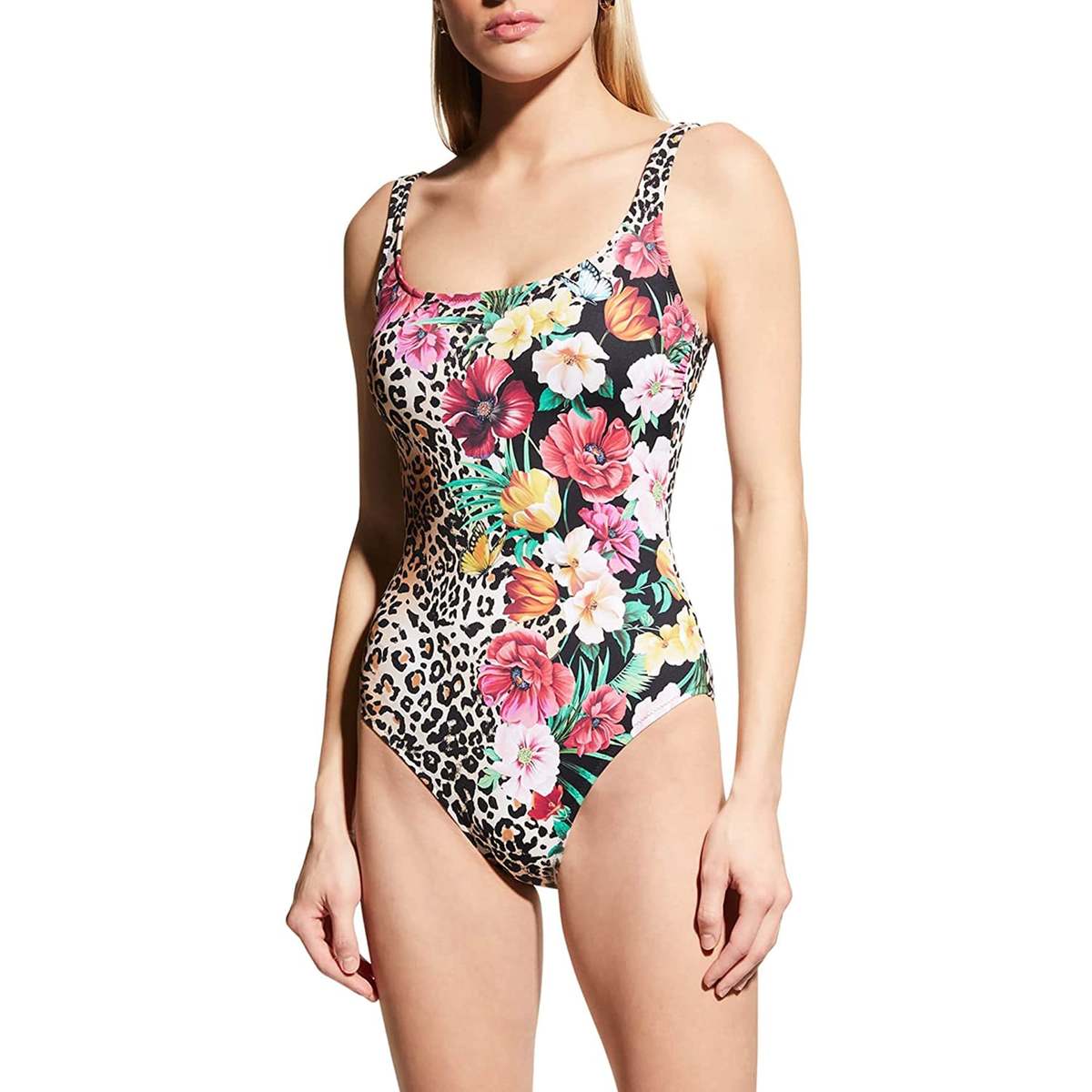 Flower shirring sleeveless one-piece ★ Geometric Shirring Scoop Wide Straps Racerback One Piece