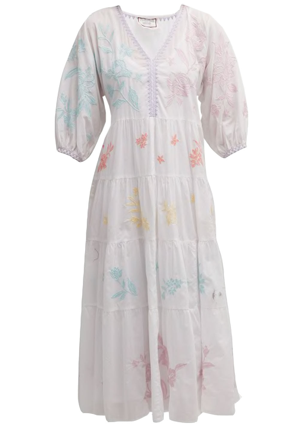 Johnny Was Hazel Dolman Embroidered Tiered Midi Dress - Multicolor | Garmentory Johnny Was Hazel Dolman Embroidered Tiered Midi Dress - Multicolor | Garmentory