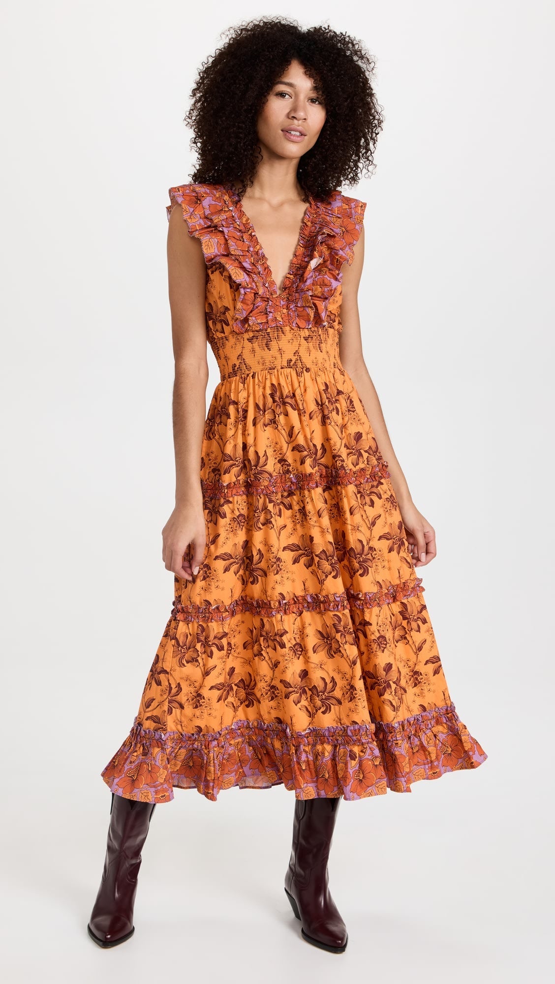 open lace back dress Arlowe Tied Shoulder Tiered Midi Dress Floral Orange