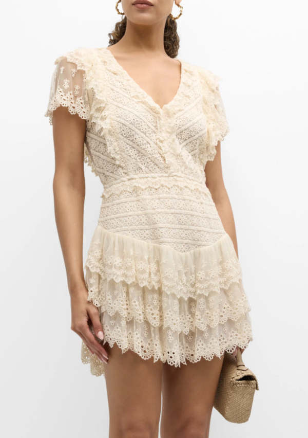 Loveshackfancy Cerilo Tiered Ruffle Embroidered Lace Mini Dress - Cream