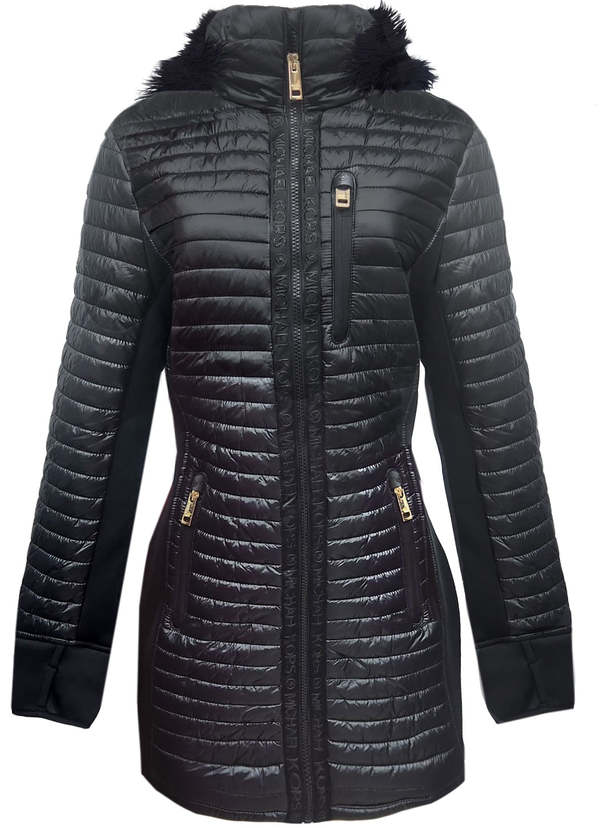 Michael Kors Quilted Mixed Media Faux Fur Hood 3/4 Coat - Black