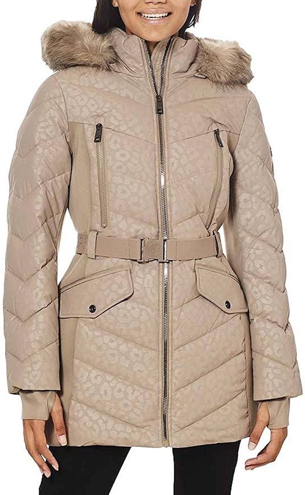 Michael Kors Logo Belted Hood Puffer Coat - Taupe Leopard | Garmentory