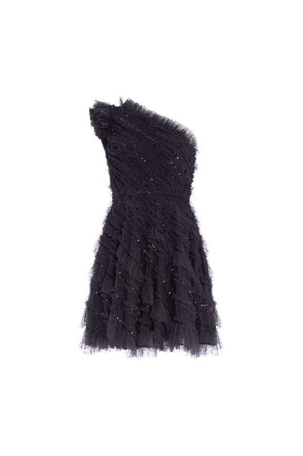 Needle & Thread Spiral Sequin One- Shoulder Micro Mini Dress - Graphite |  Garmentory