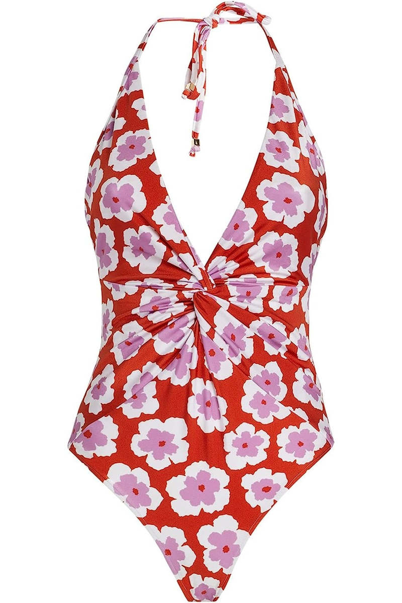 PatBO Windflower Plunge One Piece Swimsuit Red/Pink Floral Print