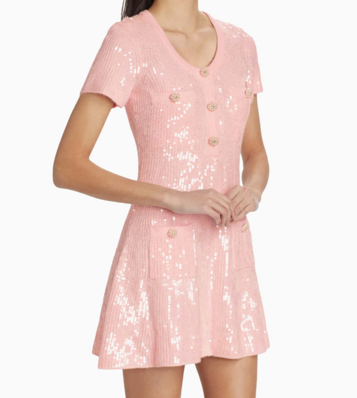 Self Portrait Sequined Rib-Knit Mini Dress - Pink | Garmentory