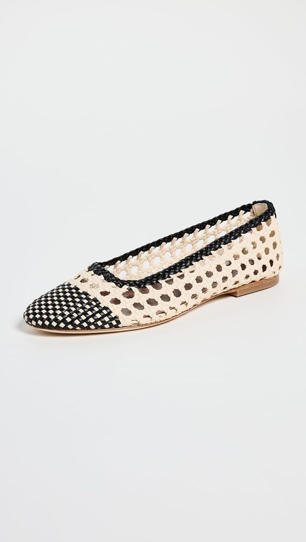 Staud Women Ballerina Flats Nell Crochet Cream Black Leather Sole
