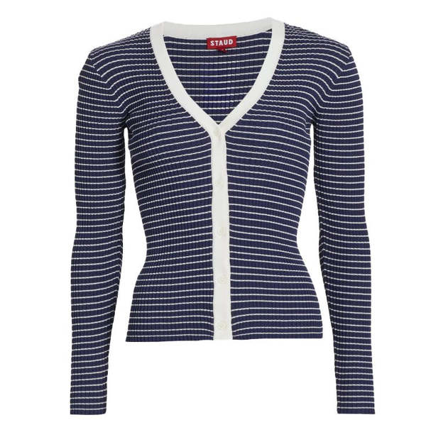 Staud Cargo Ribbed Knit Cardigan Sweater - Navy Micro Stripe