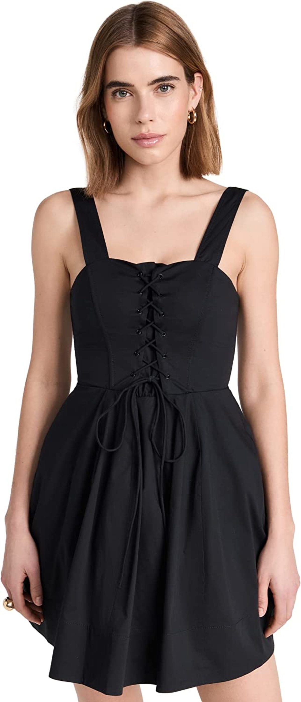 Staud Sutton Lace Up Cotton Mini Dress - Solid Black | Garmentory