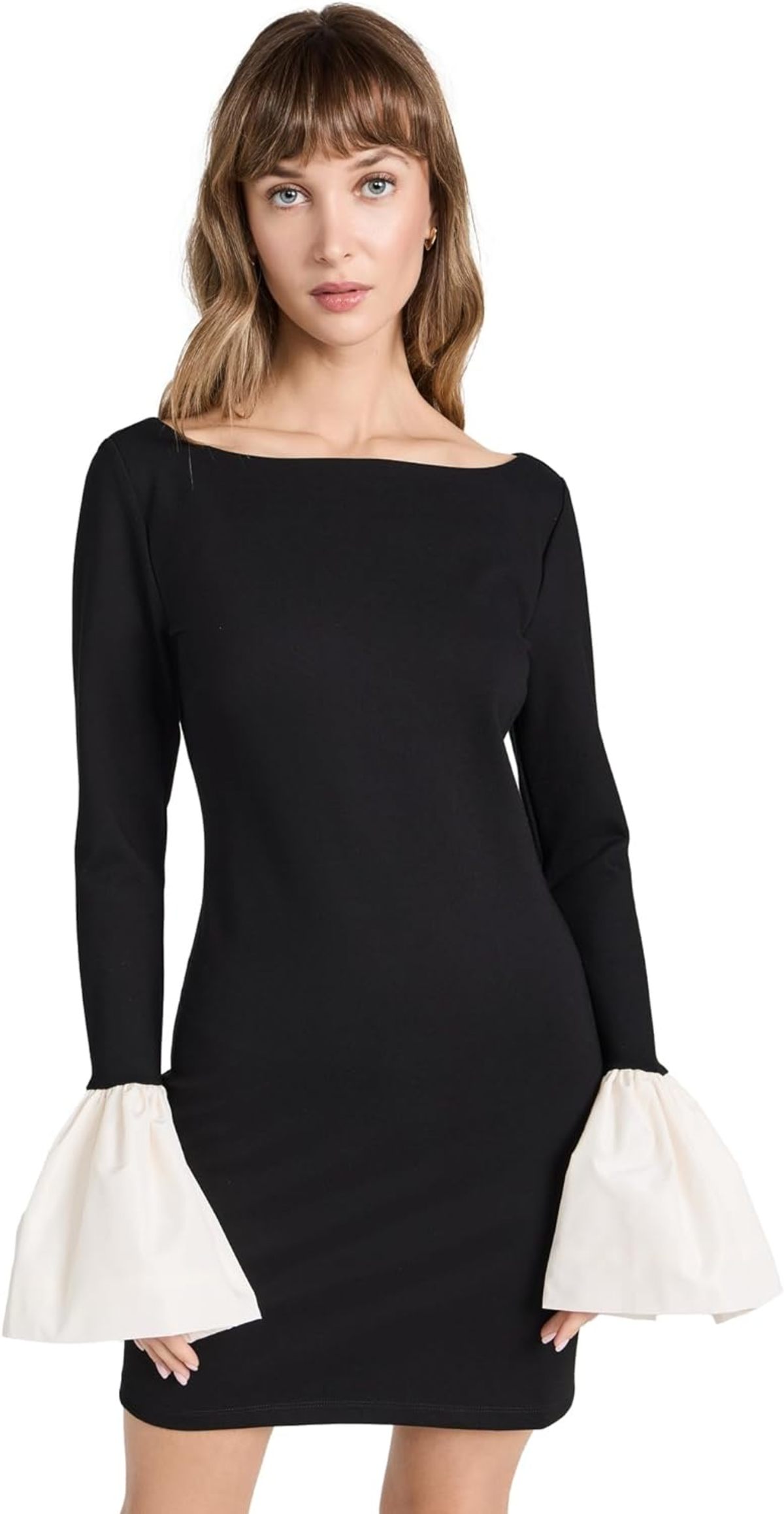 Staud Women's Hawthorne Bell Sleeve Ivory Trim Mini Sheath Dress - Black | Garmentory Staud Women's Hawthorne Bell Sleeve Ivory Trim Mini Sheath Dress - Black | Garmentory
