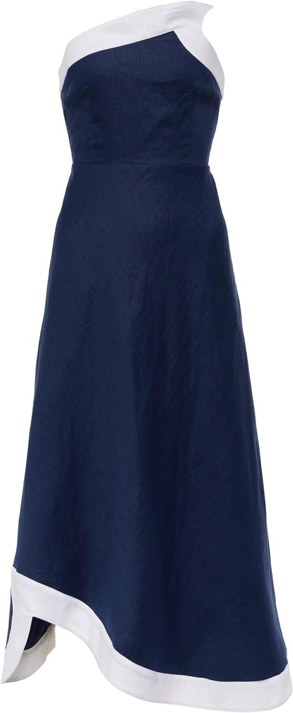 Staud Sirani Asymmetric Linen Maxi Dress - Navy/White | Garmentory