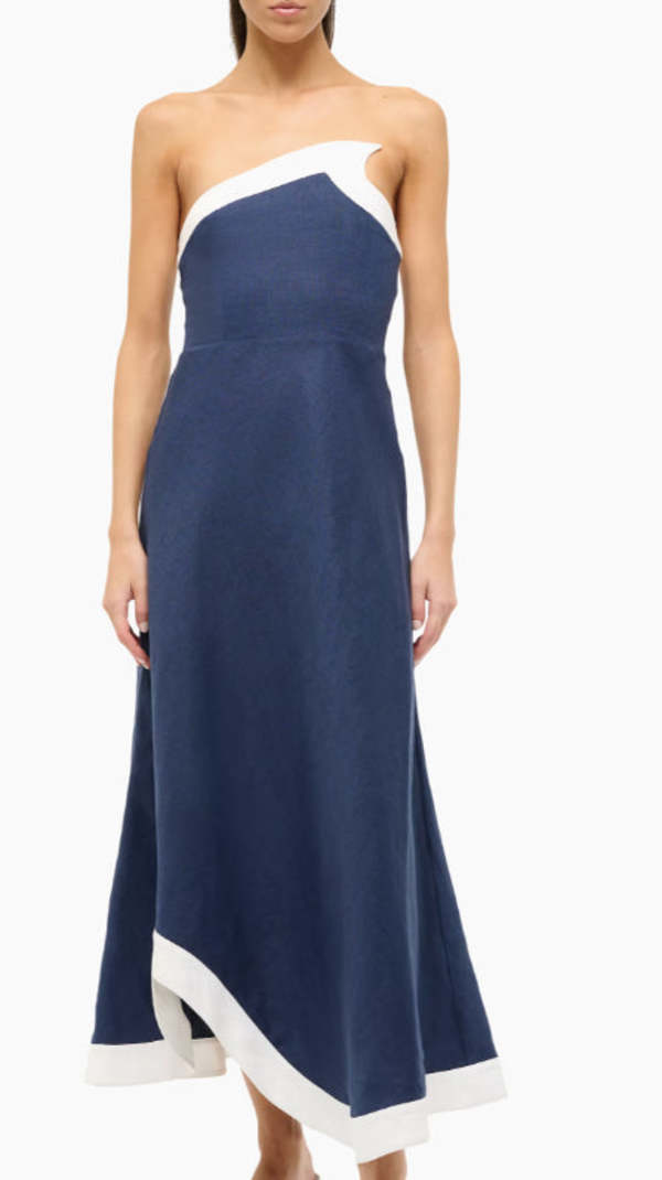 Staud Sirani Asymmetric Linen Maxi Dress - Navy/White | Garmentory Staud Sirani Asymmetric Linen Maxi Dress - Navy/White | Garmentory