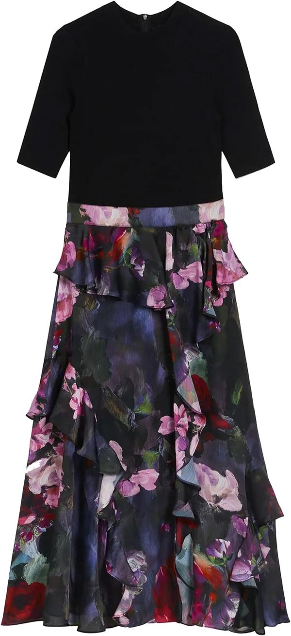 Ted Baker Rowana Fitted Knit Bodice Dress With Ruffle Skirt - Black/Multi on Garmentory Ted Baker Rowana Fitted Knit Bodice Dress With Ruffle Skirt - Black/Multi on Garmentory