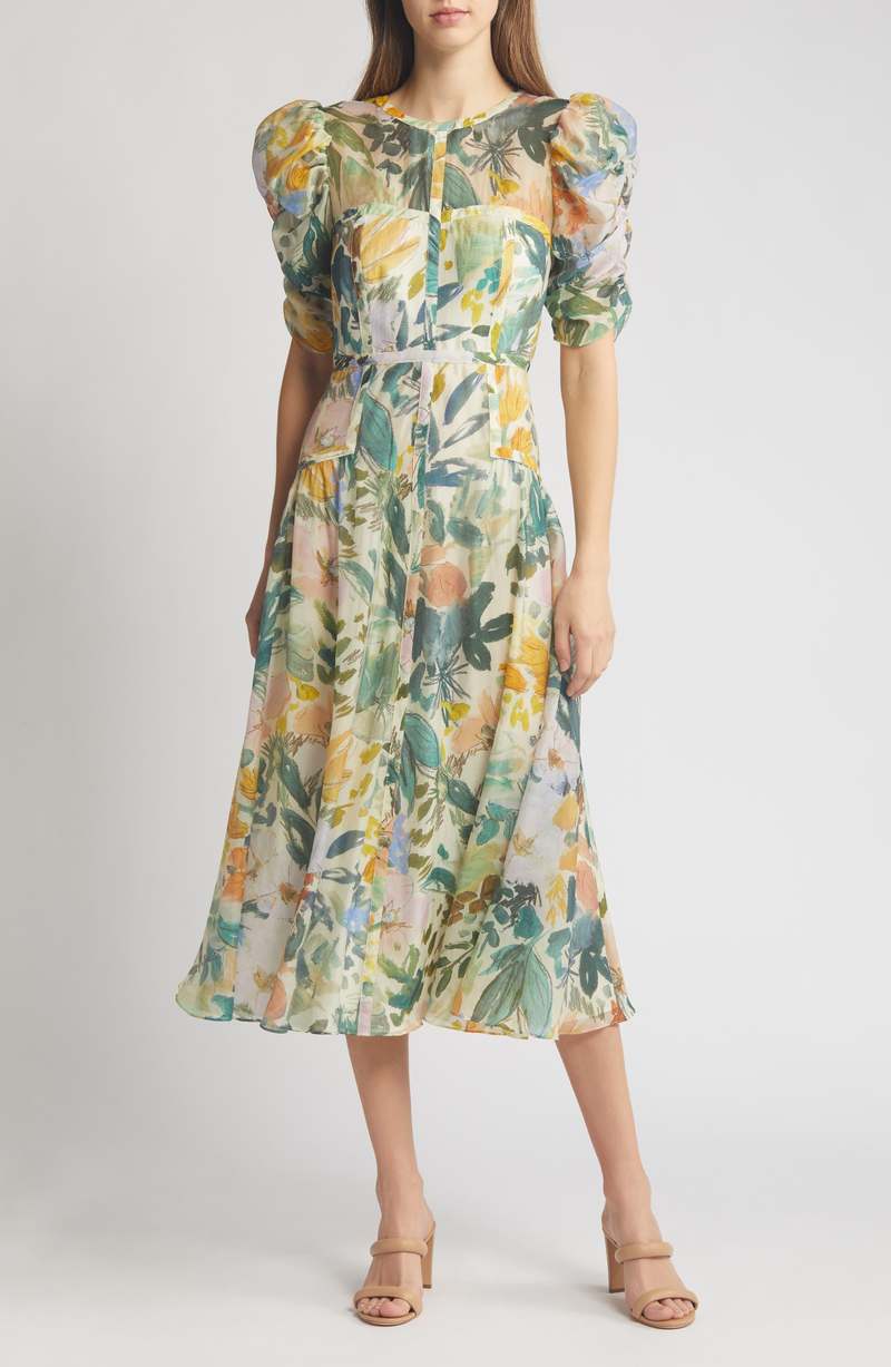 Ted Baker Mincia Puff Sleeve Floral Midi Dress - Ivory