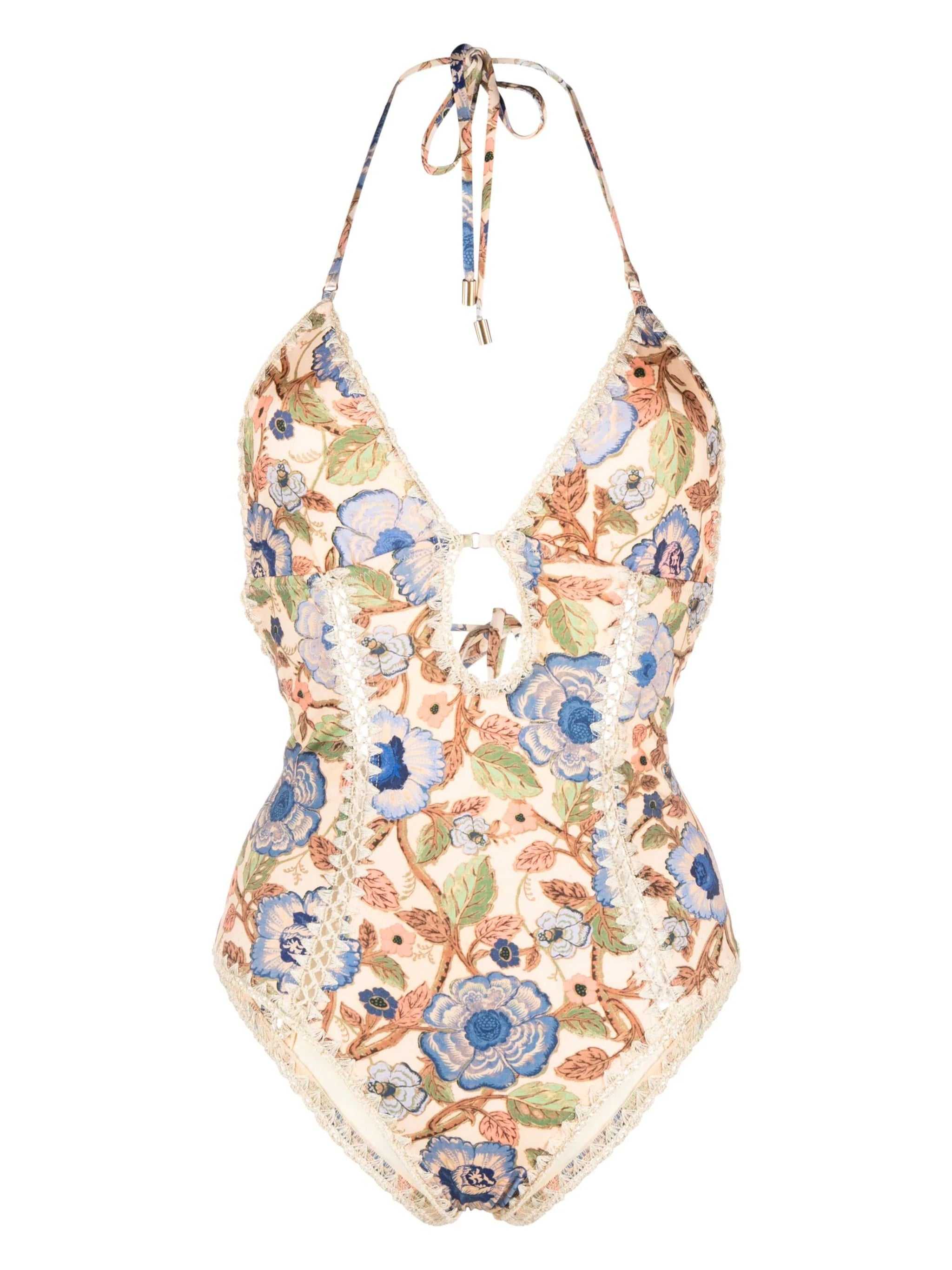 Zimmermann Junie Crochet Edge One Piece - Ivory/Blue Floral 