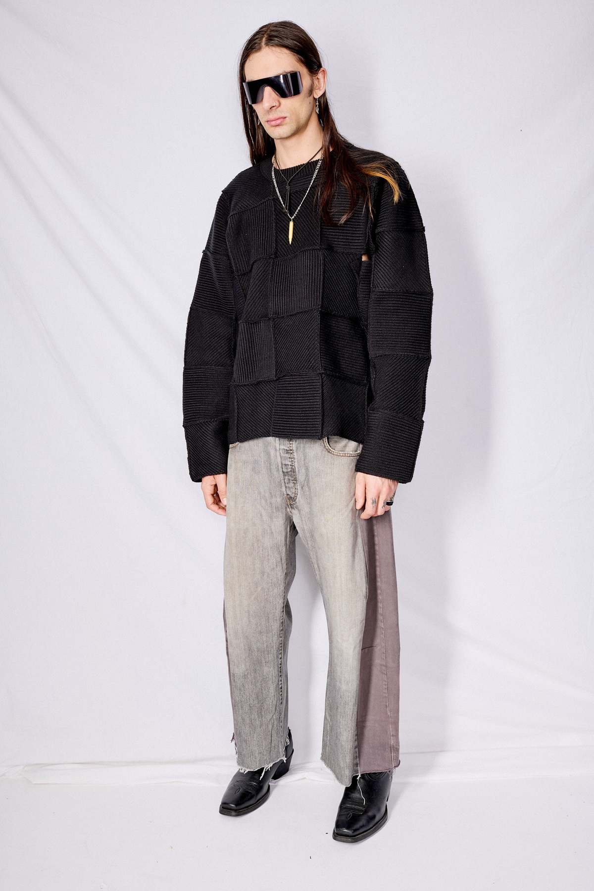 Yoke Patchwork Rib Sweater - Black | Garmentory