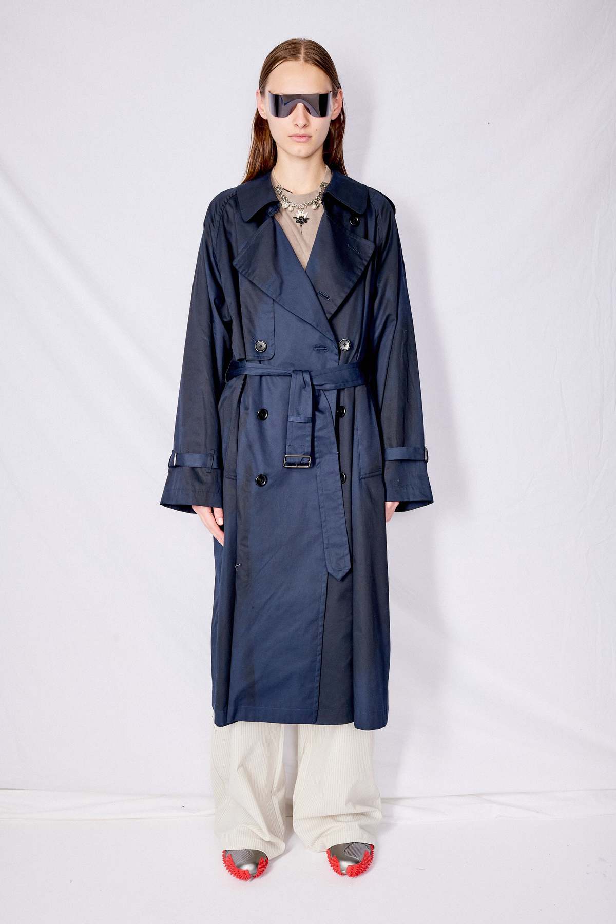 Yoke Spray Printed Trench Coat - Navy | Garmentory