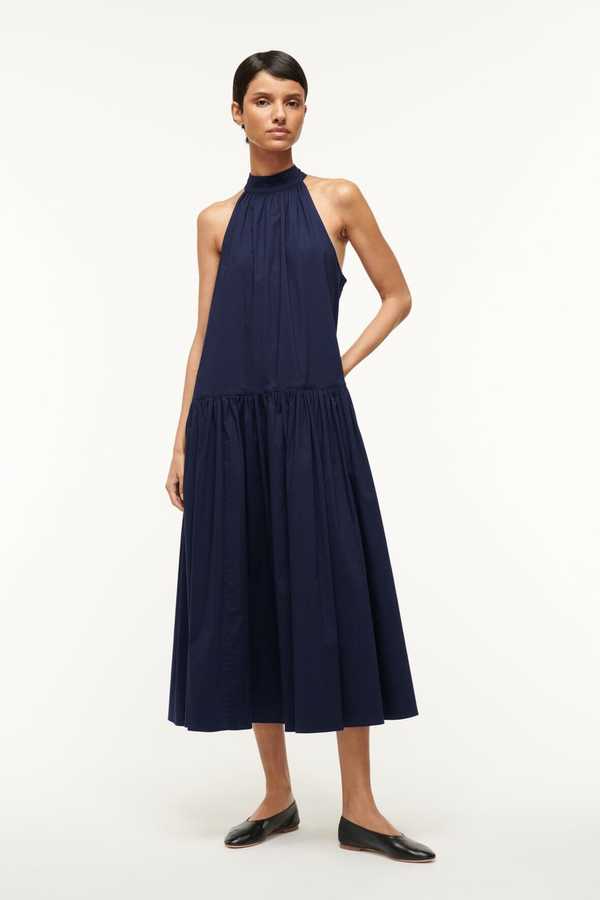 staud navy halter dress Staud, Cadence halterneck satin slip dress, Women, Blue, US 00, Dresses, Materialmix