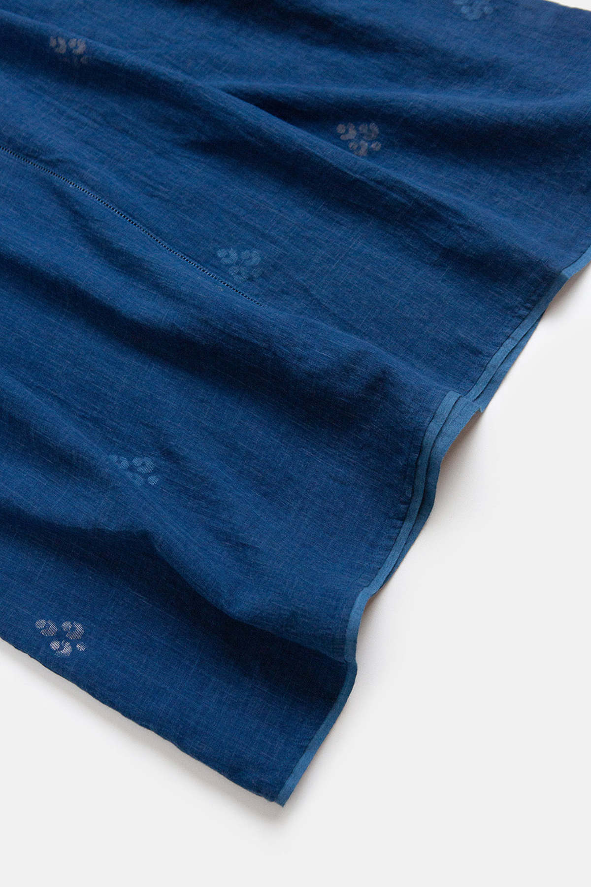 White Handspun Khadi Dress with Contrast Blue Jamdani Pocket Detail