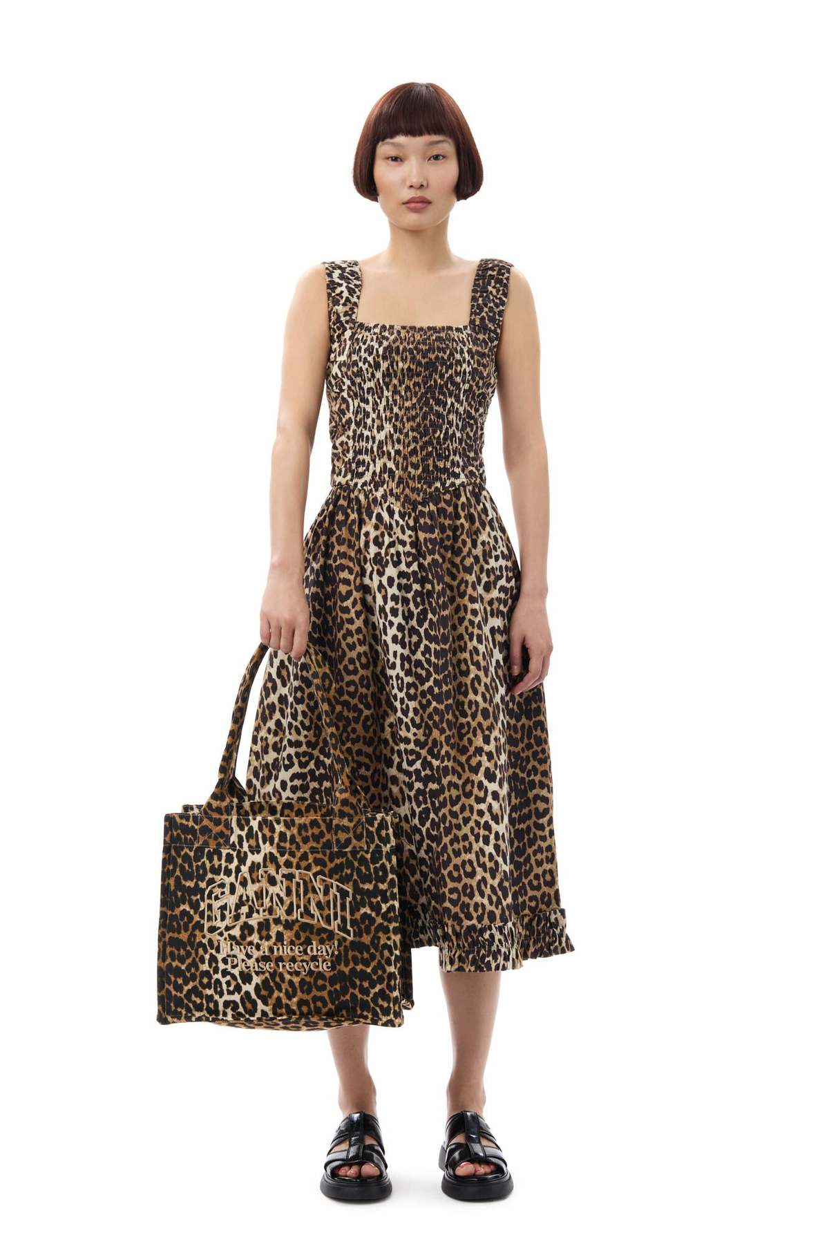 Ganni Printed Cotton Midi Strap Smock Dress - Leopard | Garmentory
