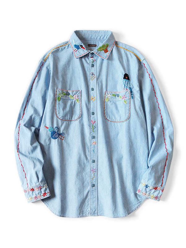 KAPITAL Chambray Work Shirt ハッピー刺繍 Kapital Chambray Work MAGPIE Shirt - Sax | Garmentory