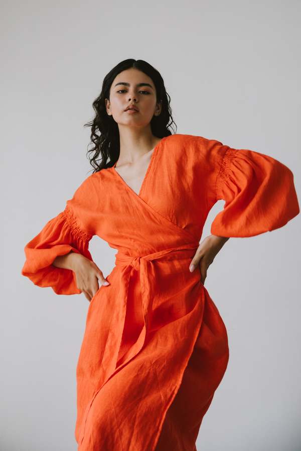 at Dawn. Puff Sleeve Wrap Mid Dress - Orange/Black Oyster/Zebra  