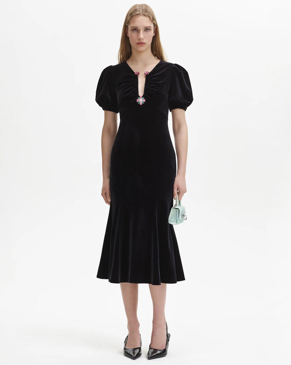 ◆関税込【Self-Portrait】Black Velvet Embellished Midi Dress Black Beaded Mesh Midi Dress – self-portrait-US
