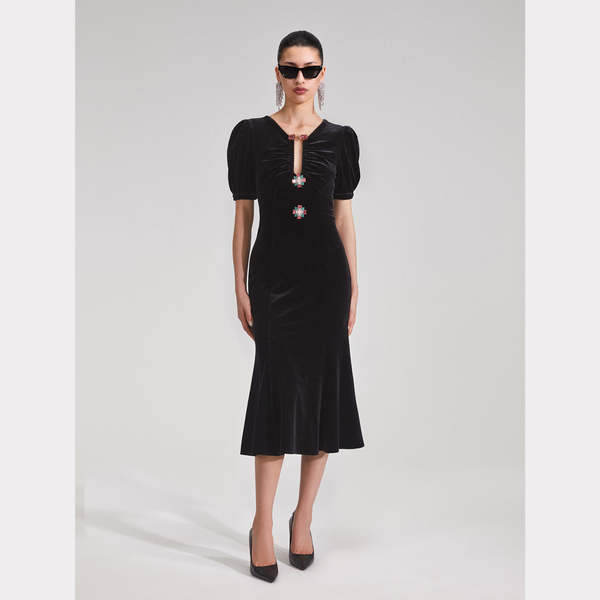 Self-Portrait Velvet Embellished Midi Dress - Black | Garmentory