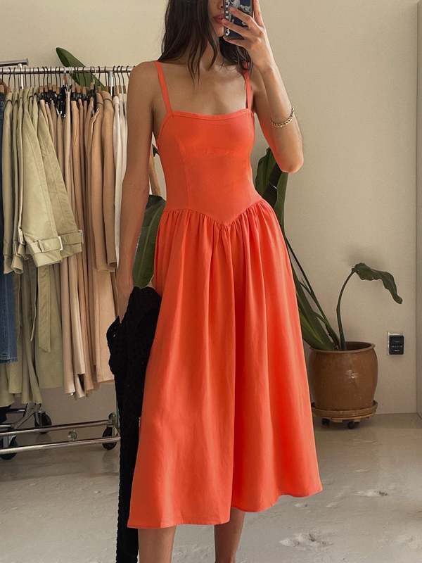Sophie Rue Coral Vida Linen Midi Dress - Coral Orange on Garmentory