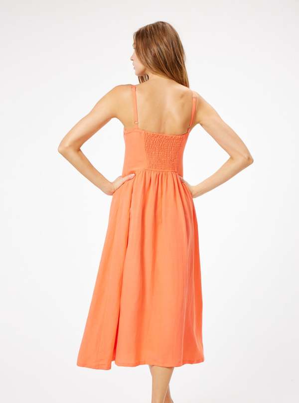 Sophie Rue Coral Vida Linen Midi Dress - Coral Orange | Garmentory