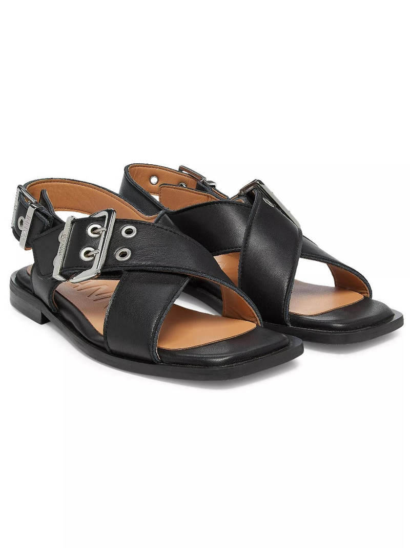 【GANNI】BUCKLE CROSS STRAP SANDALS Ganni Buckle Cross Strap Sandal - BLACK | Garmentory