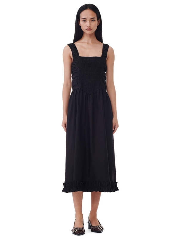 Cotton Poplin Midi Strap Smock Dress