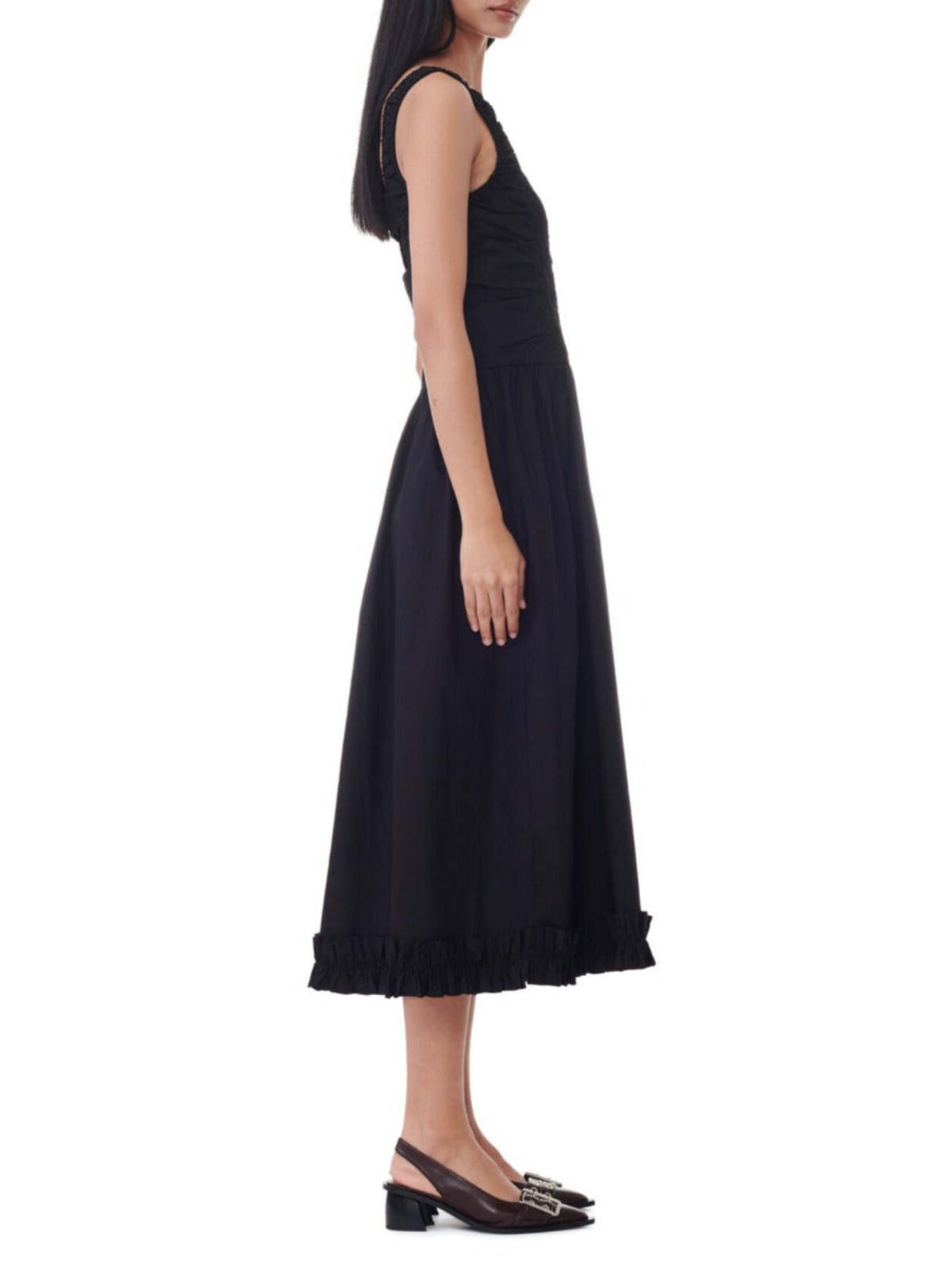 Ganni Cotton Poplin Midi Strap Smock Dress - Black | Garmentory