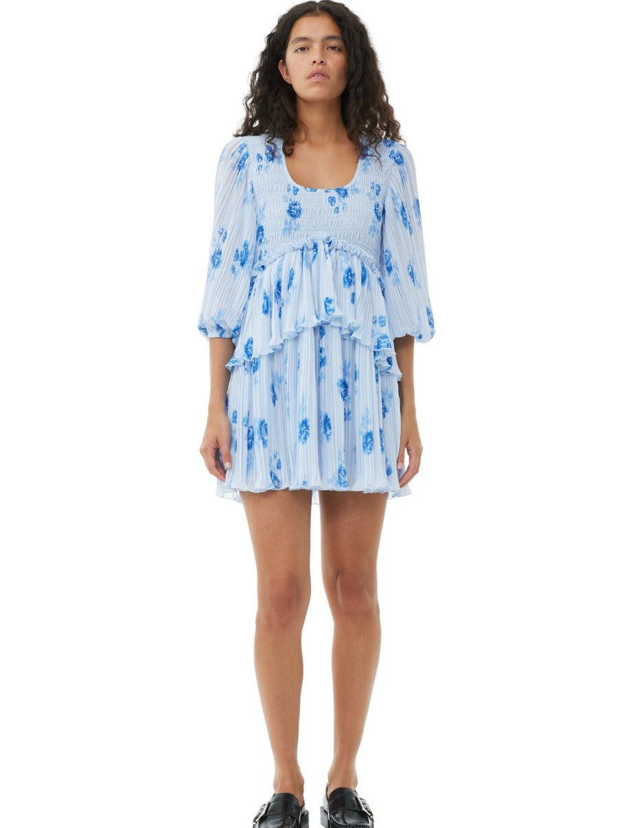 Ganni Pleated Georgette Flounce Smock Mini Dress - Heather