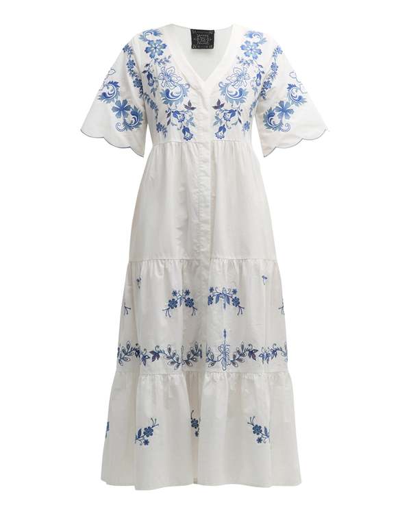 Johnny Was Alegra Poplin Tea Length Dress - White | Garmentory Johnny Was Alegra Poplin Tea Length Dress - White | Garmentory