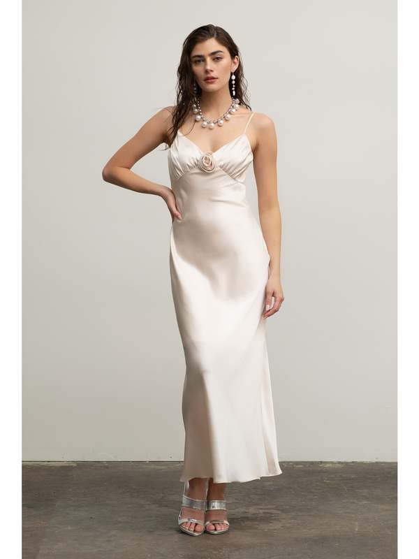By The River Jordan Satin Rosette Maxi Dress - Champagne | Garmentory