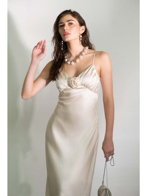 By The River Jordan Satin Rosette Maxi Dress - Champagne | Garmentory