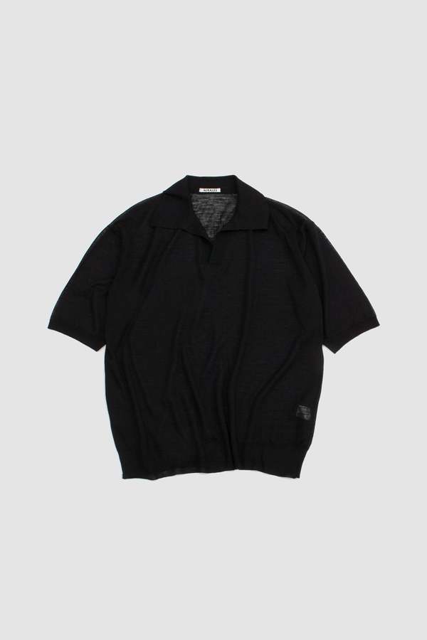 Auralee Wool/Silk Knit Skipper Polo - Black | Garmentory