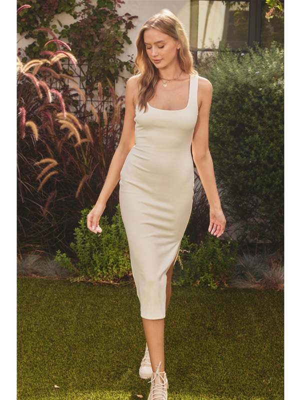 Dress Forum Nicole Ribbed Knit Square Neck Bodycon Midi Dress - Ivory