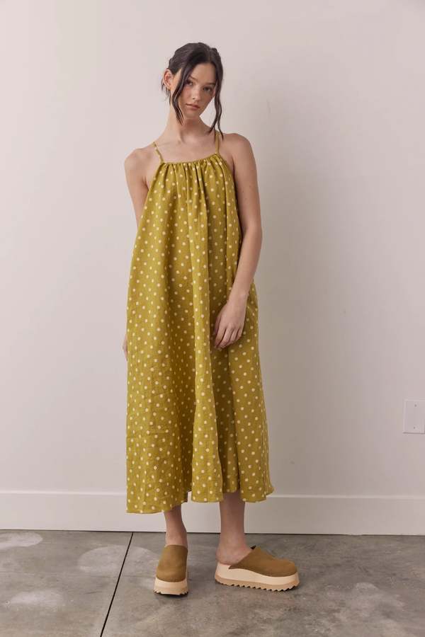 amente Linen Polka dot Dress - Green | Garmentory