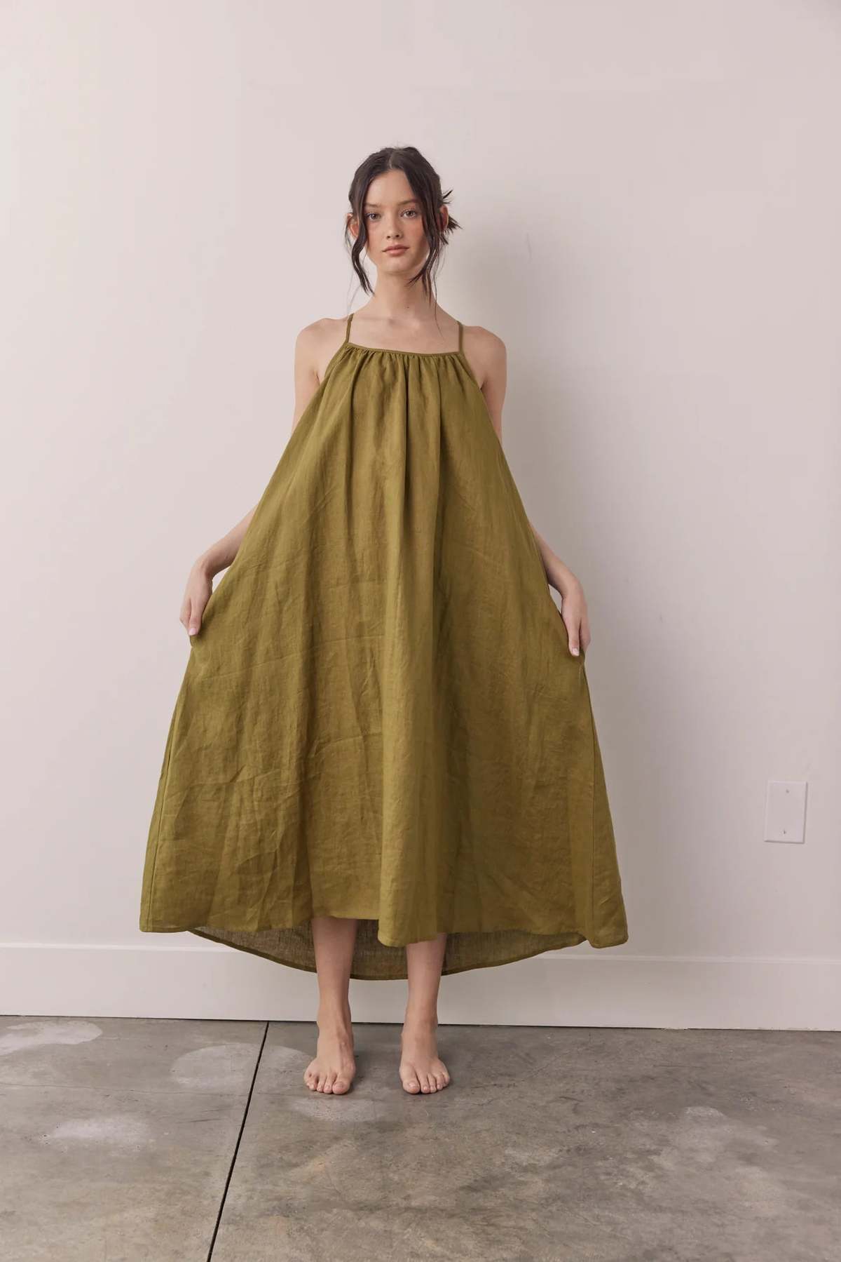 amente Tie Back Linen Dress - Green | Garmentory