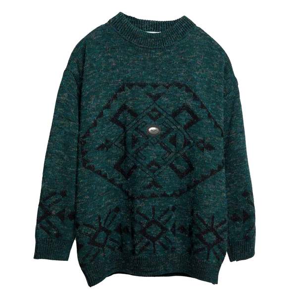 obermeyer (Germany) Intarsia Melange Wool 1x1 Rib Knit Studded Jumper Emerald : L