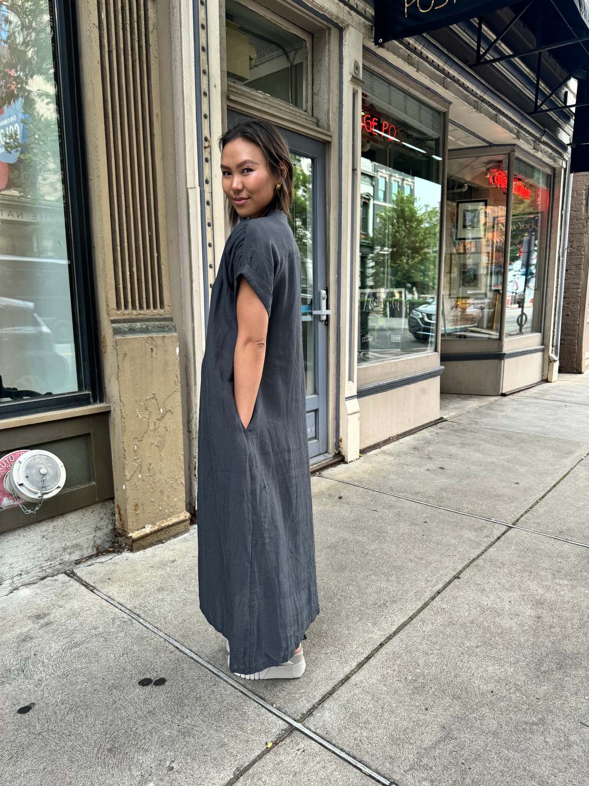 Ichi Antiquites Linen Natural Washer Woven Dress - Charcoal on Garmentory