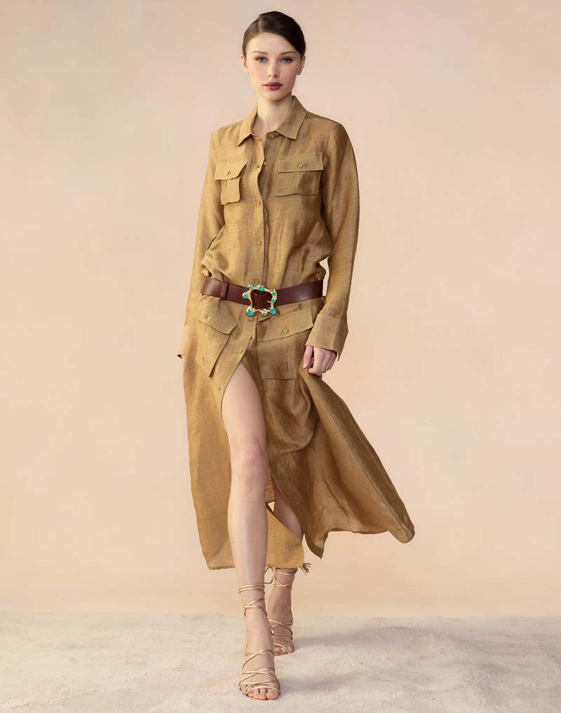 Cynthia Rowley Lagos Silk Linen Shirt Dress Camel