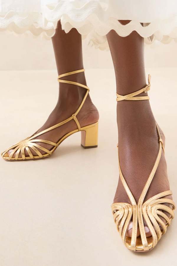 Loeffler Randall Livvy Lattice Mid Heel Sandal Gold Garmentory
