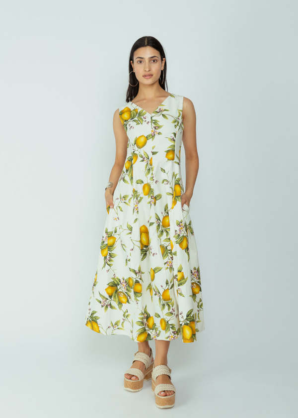 white christmas dresses Blue Lemon Print Cotton Midi Dress - All Dresses