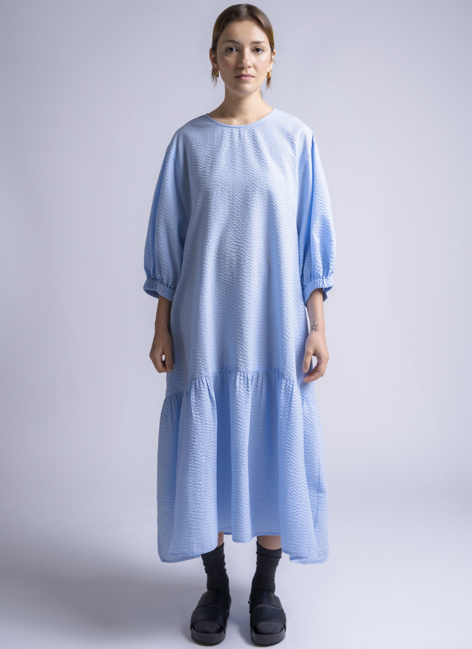 GREI. VIRAGO DRESS IN SKY BLUE SEERSUCKER CRINKLE | Garmentory GREI. VIRAGO DRESS IN SKY BLUE SEERSUCKER CRINKLE | Garmentory
