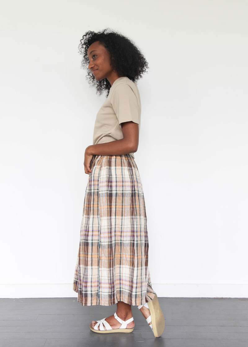 ICHI ANTIQUITES Linen Check Skirt - Beige | Garmentory