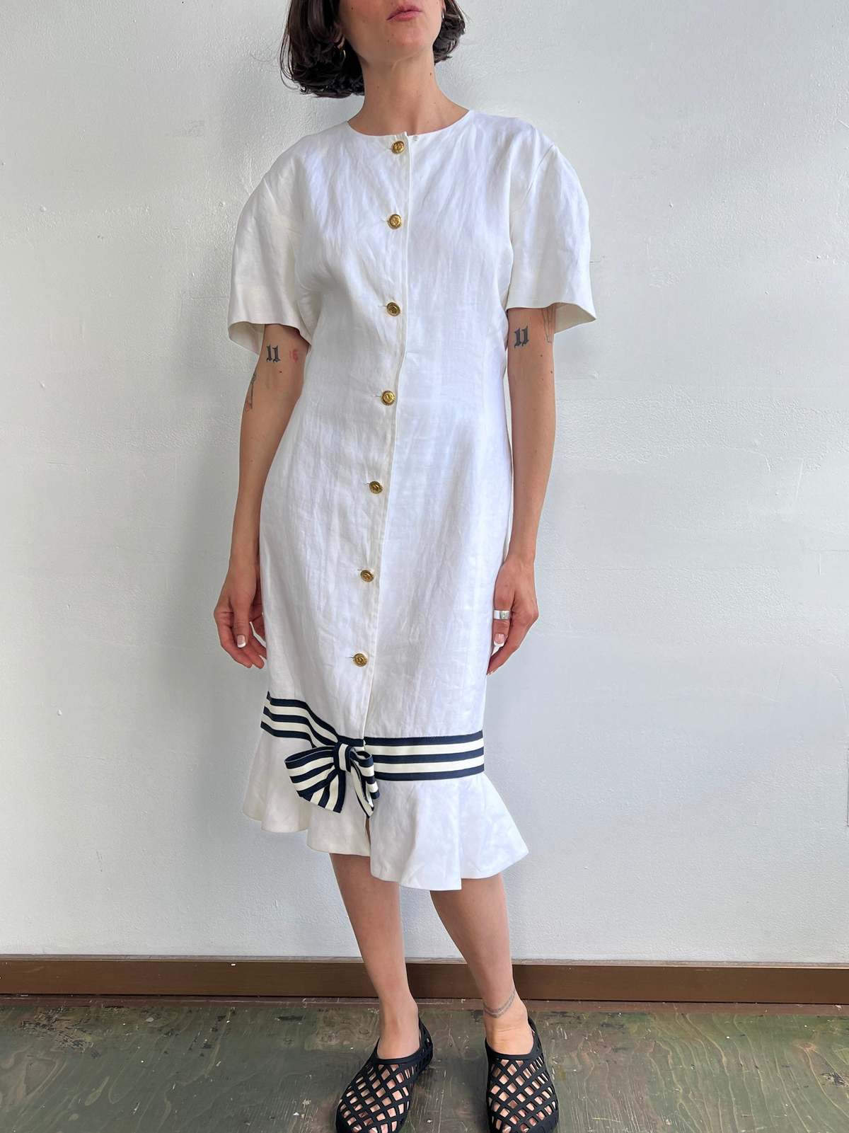 Vintage Albert Nipon Linen Bow Dress - White | Garmentory