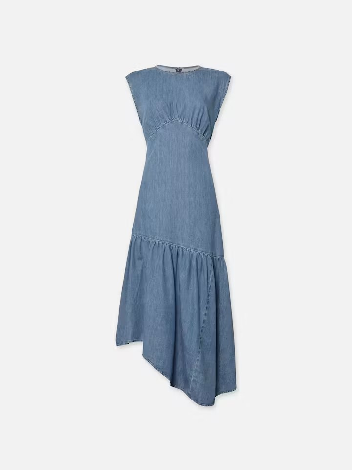 white christmas dresses Leah Blue Denim Button- Up,V-Neck Midi Dress with Hem Ruffle – Sleeveless, Button-Up M main image 1
